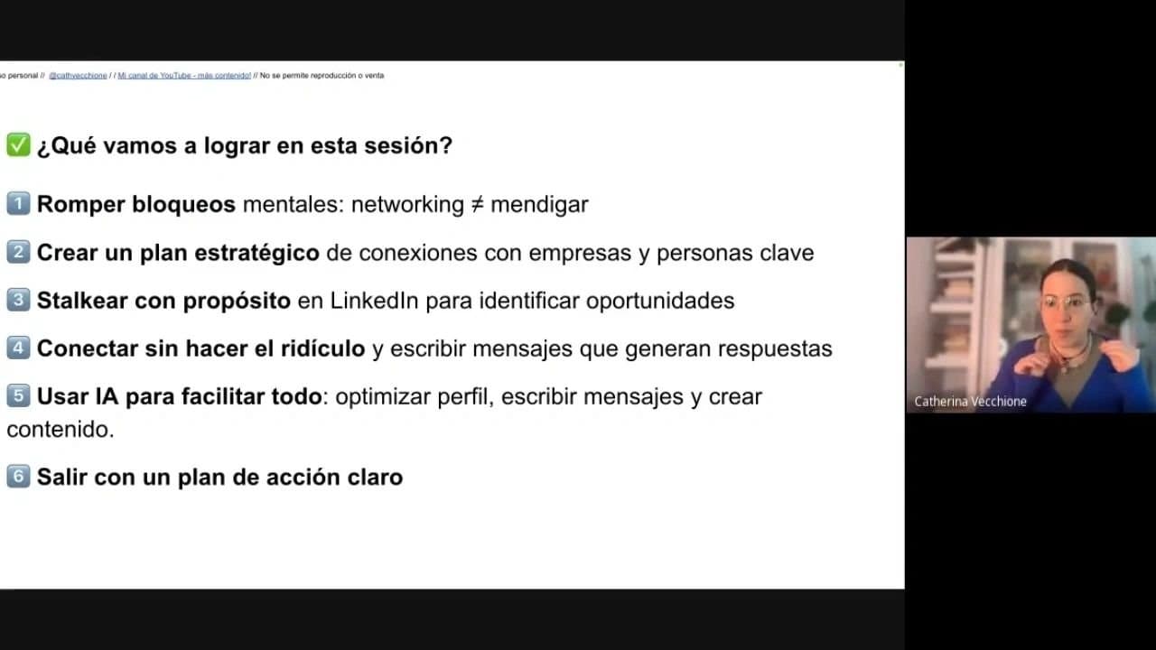 Captura de la clase en vivo: Cath en cámara junto a la diapositiva '¿Qué vamos a lograr en esta sesión?'.