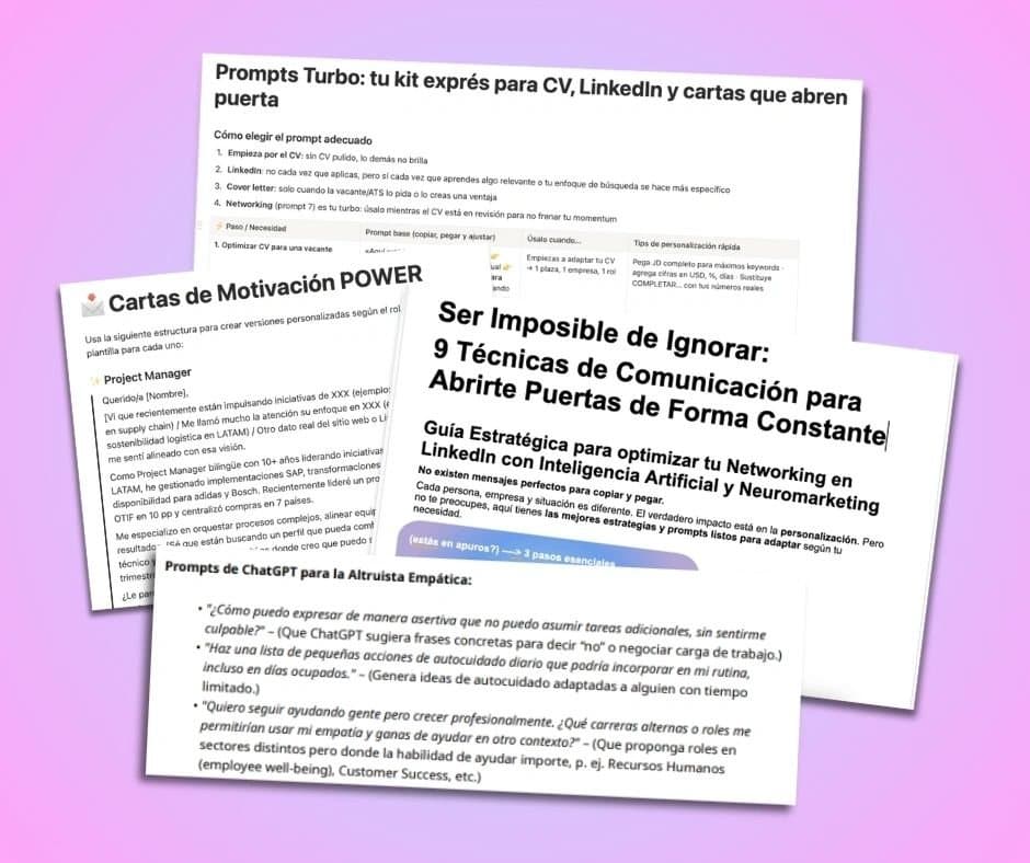 Vista previa de los recursos de la masterclass: la guía Ser Imposible de Ignorar, 9 técnicas de comunicación, y los prompts para CV y LinkedIn.