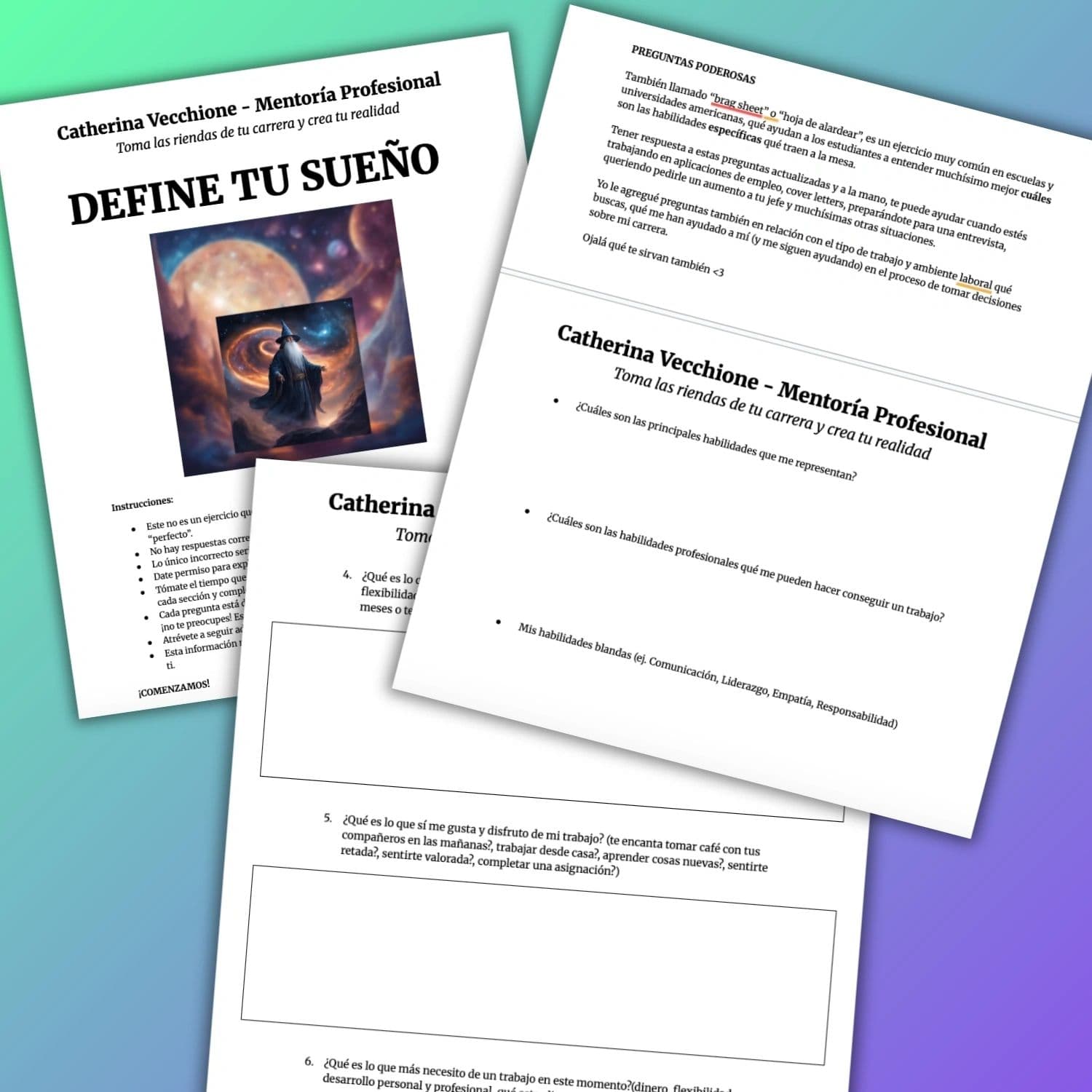 Páginas del workbook Define tu Sueño de Catherina Vecchione: portada, instrucciones y preguntas guiadas.